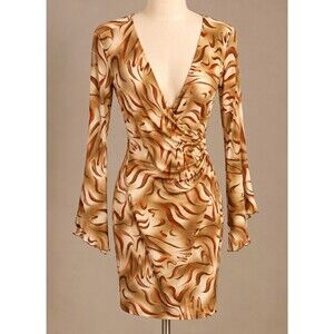 Unique Vintage Y2K Brown Swirl Print Ruched Deep V-Neck Mini Dress M RAG NWT!